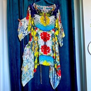 Original Johnny Was sheer floral printed blouse with bell sleeves and tie, 3X